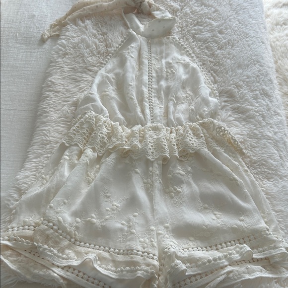 Zimmermann Pants - Zimmermann Ivory silk Lace Playsuit US6-8 backless design halter top neck *Flaws